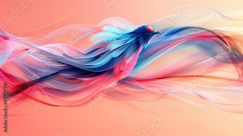   Abstract depiction of a female figure s dress swaying in the breeze  featuring shades of pink  blue  and red