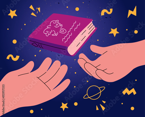 Magic book. Read literature story. Author and lover with mystery cover. Witchcraft literacy and education. Woman hand holding grimoire. Astrology stars. Spell knowledge. Vector concept © SpicyTruffel