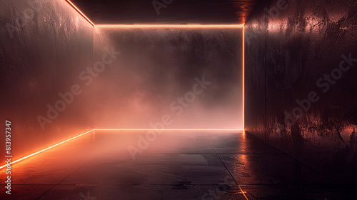 The sleek interior of a dark room, with walls a deep, satin ebony, highlighted by a neon light in a soft peach hue that outlines the floor's edge.