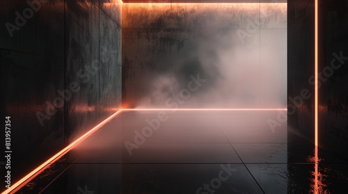 The sleek interior of a dark room, with walls a deep, satin ebony, highlighted by a neon light in a soft peach hue that outlines the floor's edge. 