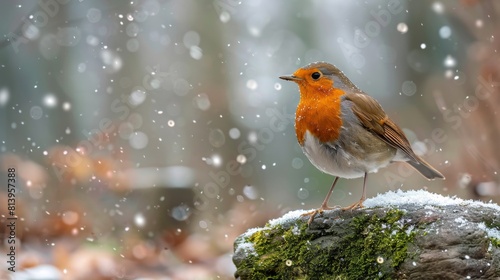 A European robin perched on a mossy rock with snowflakes falling around in a serene setting. © Sergey