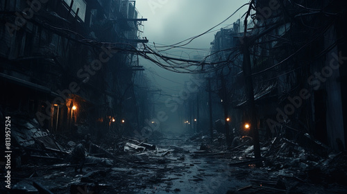 A Scene of A Ruined Building Filled With Wires And Buildings Landscape Background