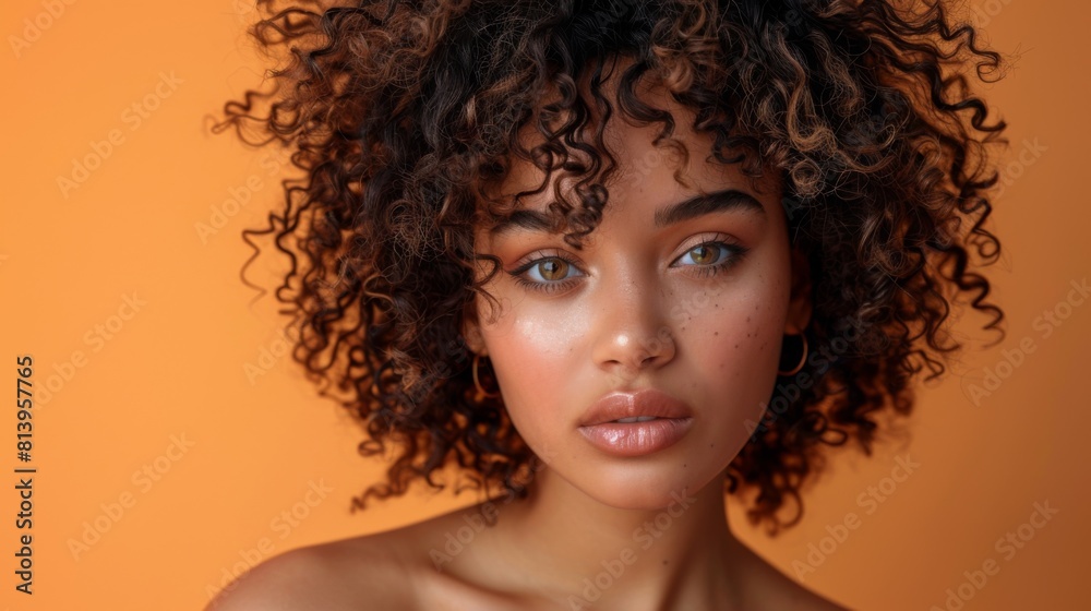 Close-up of a young woman with curly hair and freckles exuding confidence. Close-up of a young woman with curly hair and freckles exuding confidence.