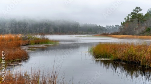 Misty morning at Pocosin Lakes National Wildlife Refuge with serene lake and lush forest.
