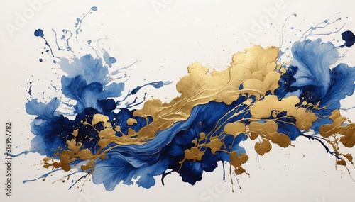 Grunge blue and gold ink brush stroke on white background
