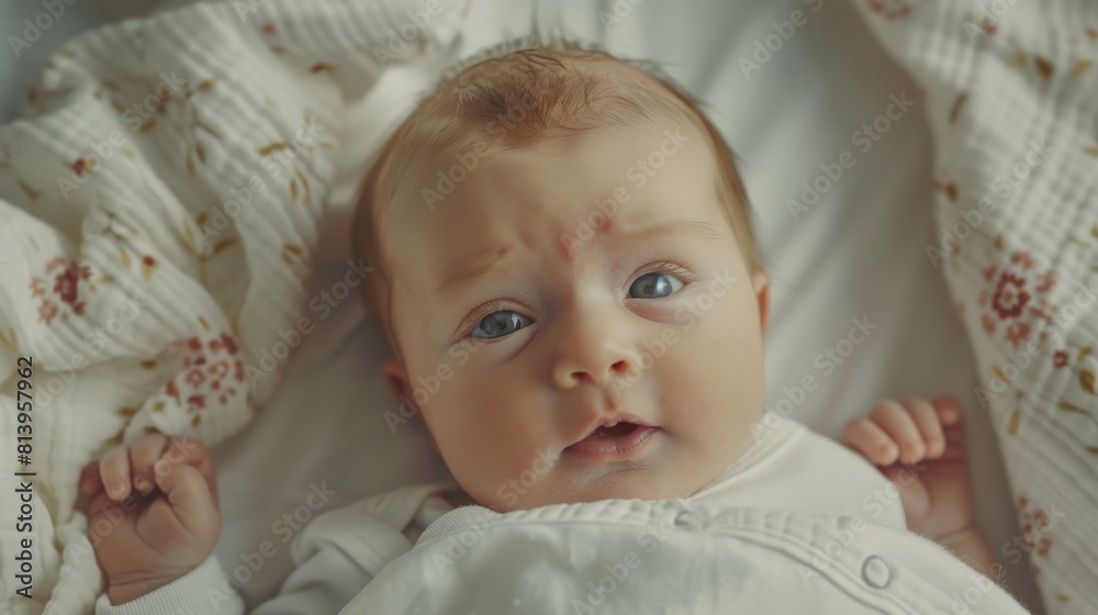 A charming small Caucasian newborn child lying in a hospital bed in a nursery clinic. A playful, healthy, and healthy baby. Conceptual image about medical health care, maternity, and parenthood. A charming small Caucasian newborn child lying in a hospital bed in a nursery clinic. A playful, healthy, and healthy baby. Conceptual image about medical health care, maternity, and parenthood.
