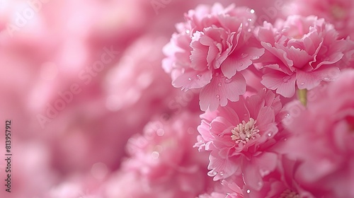  Pink flowers with water droplets on a blurry, light-colored background