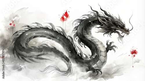 Watercolor black dragon and red sun in Chinese traditional style with splash of paintings