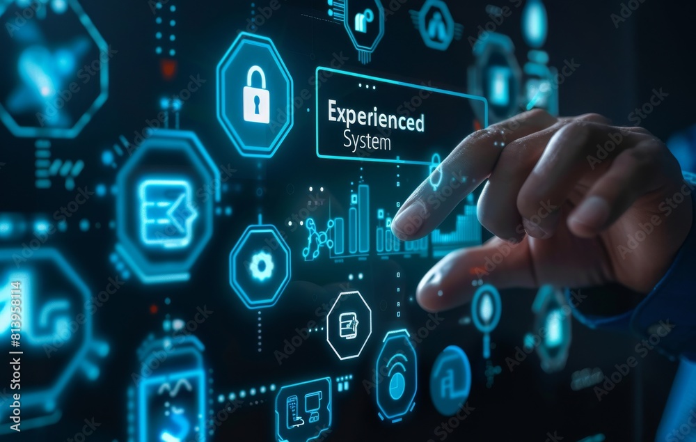 Business professional interacting with futuristic interface showing security concepts Business professional interacting with futuristic interface showing security concepts