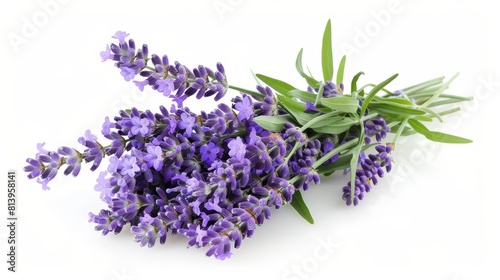 A beautiful bouquet of lavender flowers. The petals are a deep purple color  and the leaves are a light green. The bouquet is tied together with a piece of twine.