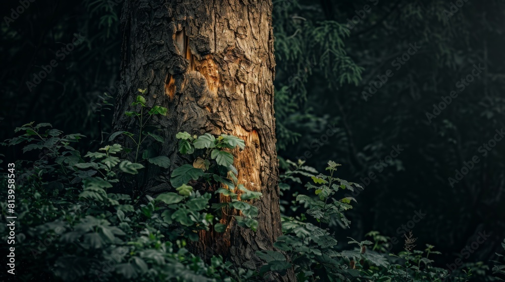 Giant tree trunk with rough bark surrounded by vibrant green leaves in a dark, moody forest setting. Giant tree trunk with rough bark surrounded by vibrant green leaves in a dark, moody forest setting.