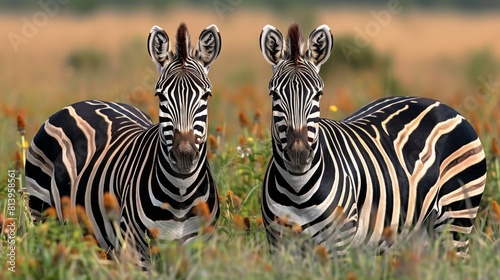 Two Burchell s zebras standing in the savanna with focus on their striped patterns.