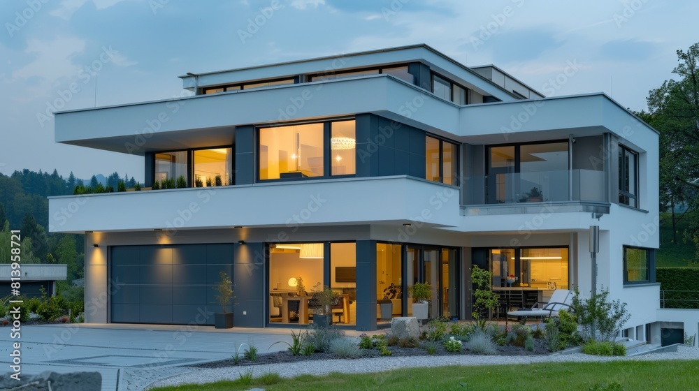Fototapeta premium Modern house at dusk with interior lights on and a clear view of the interior through large windows.