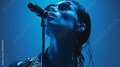 A silhouette of a singer in blue lighting holding a microphone, with sunglasses and a leather jacket.