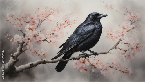 Watercolor black raven sitting on branch of sakura. Traditional Japanese illustration in oriental style © Mystery