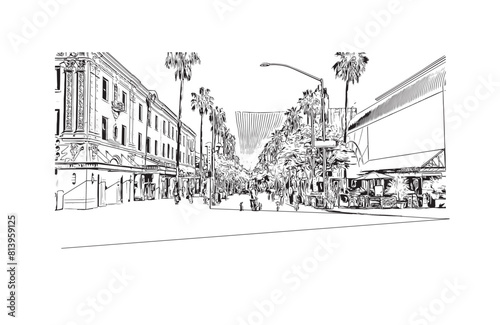 Print Building view with landmark of Santa Monica is the city in Los Angeles County. Hand drawn sketch illustration in vector.