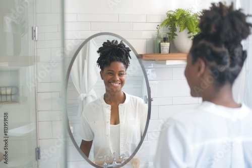 A person standing in front of a bathroom mirror, smiling as they recite positive affirmations to start the day photo