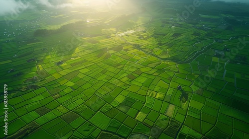 Aerial view of a green patchwork vineyard basked in sunlight with intricate geometric patterns. photo