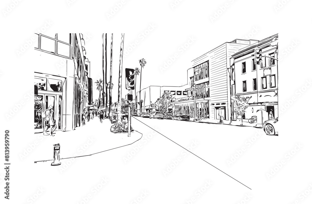 Print Building view with landmark of Santa Monica is the city in Los Angeles County. Hand drawn sketch illustration in vector.