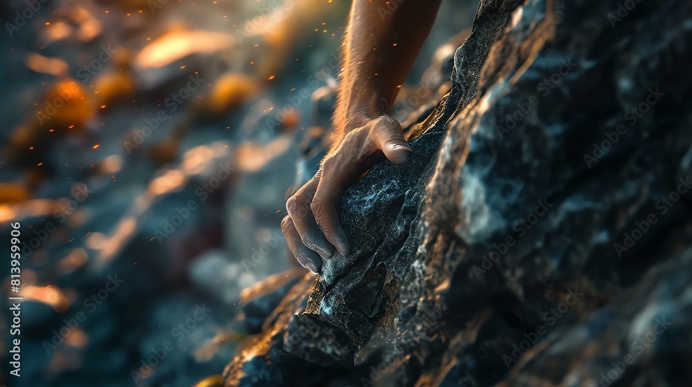 Rock climbing on a rugged cliff, dramatic top lighting, closeup on hands gripping rock, intense focus Rock climbing on a rugged cliff, dramatic top lighting, closeup on hands gripping rock, intense focus