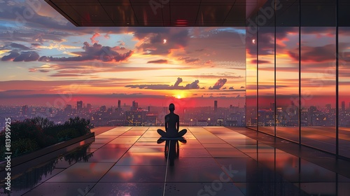 Rooftop meditation at sunset  silhouetted figure  panoramic city view  calming twilight colors