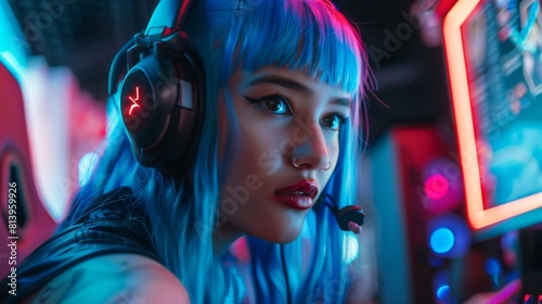Gamer playing a shooter video game while wearing headphones in a futuristic cyberpunk setting. Blue haired Cosplayer talking to players during the game stream.