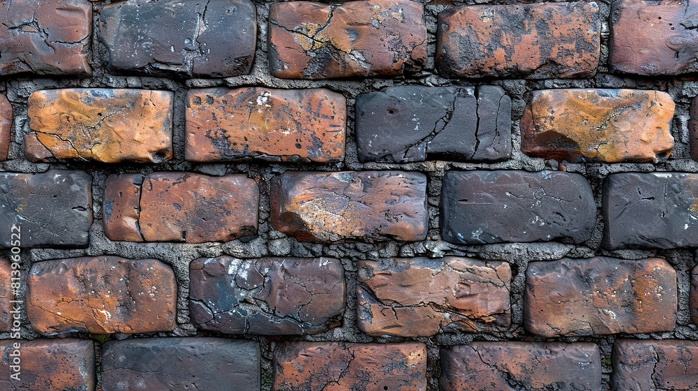 Close-up shot of a brick wall, showcasing the intricate arrangement of small blocks of red, brown, and black-colored bricks Close-up shot of a brick wall, showcasing the intricate arrangement of small blocks of red, brown, and black-colored bricks