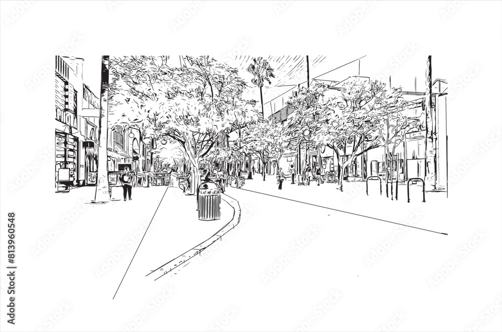 Print Building view with landmark of Santa Monica is the city in Los Angeles County. Hand drawn sketch illustration in vector.