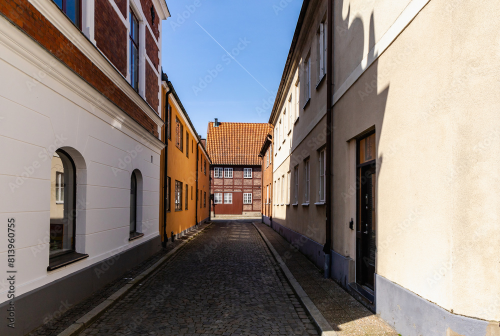Narrow streets of the old town with colorful houses.
