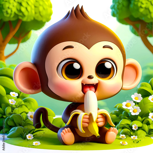 3D illustration of a cute little monkey eating a banana in the forest on a white background. photo