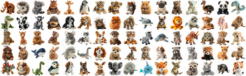 Big set of cute fluffy animal dolls for nursery and children toys, many animal plush dolls photo collection set, isolated background AIG44 photo