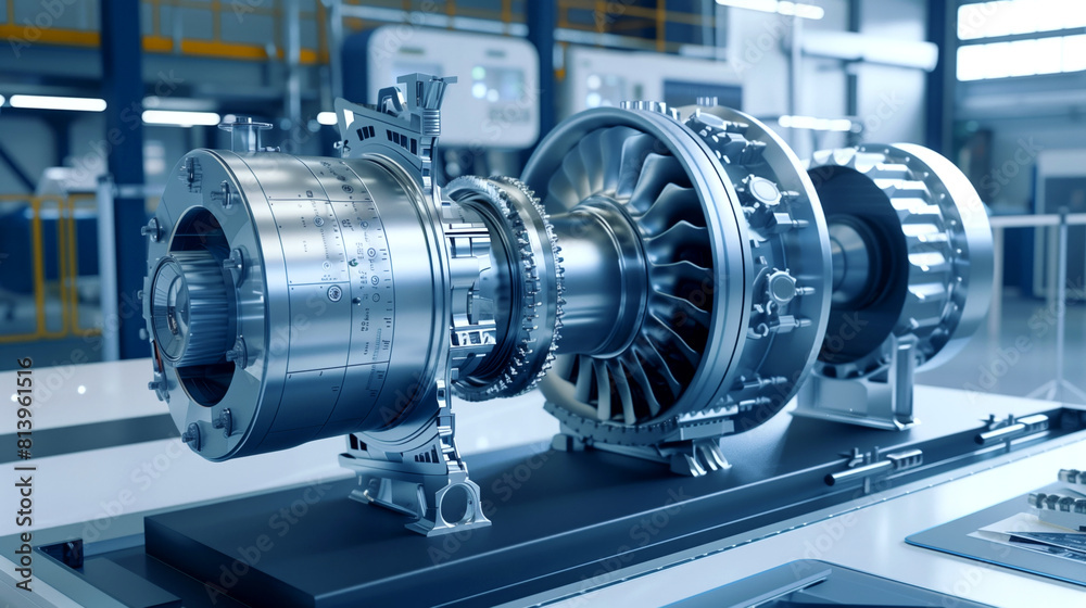 High-tech industrial machinery parts, likely turbines, displayed in a modern manufacturing facility. High-tech industrial machinery parts, likely turbines, displayed in a modern manufacturing facility.