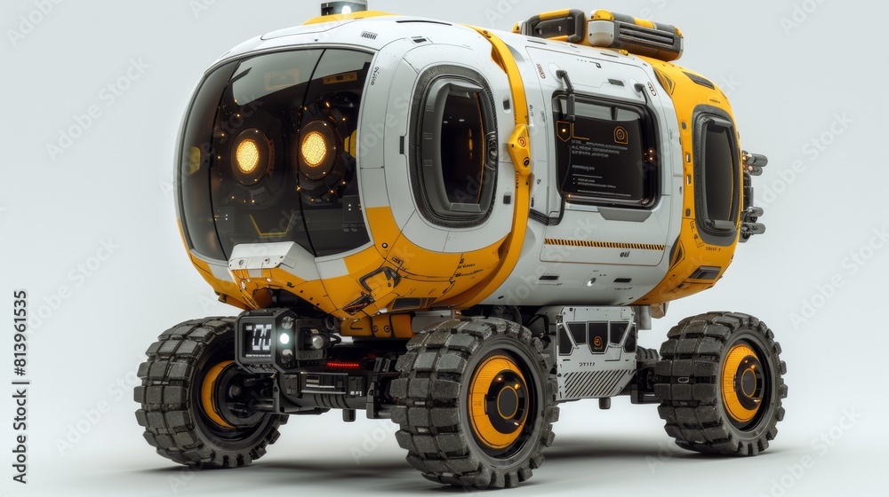 A yellow and white vehicle with two large wheels on it, AI A yellow and white vehicle with two large wheels on it, AI