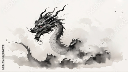 Watercolor dragon in Chinese traditional style with splash of paintings