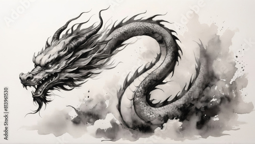 Watercolor dragon in Chinese traditional style with splash of paintings