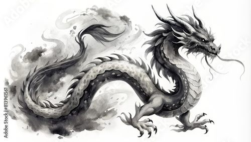Watercolor dragon in Chinese traditional style with splash of paintings