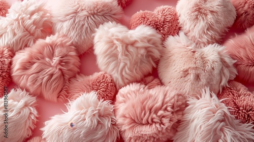 A detailed close-up of various soft, textured pink pom-poms covering the entire frame.