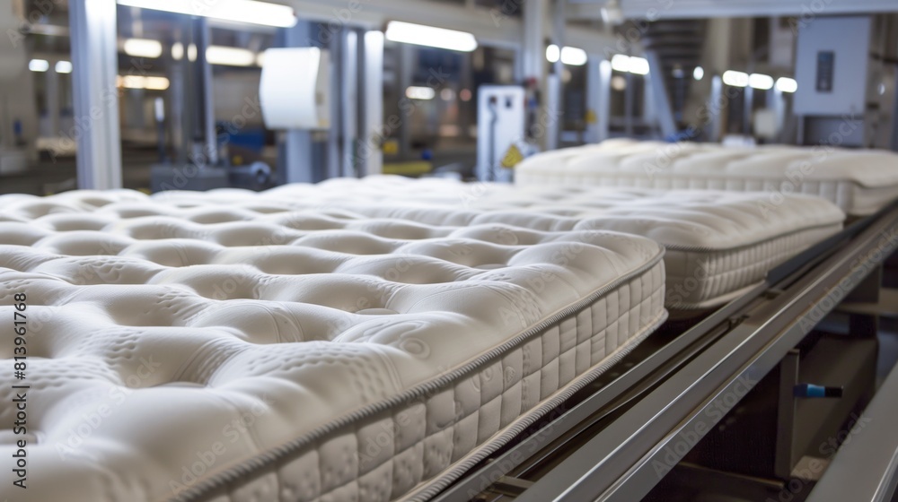 Fototapeta premium Row of newly manufactured mattresses on a conveyor belt in a large factory setting.