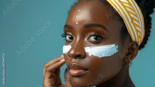 Young African woman applying cream to her face. looking directly at the camera  half face visible  space for text