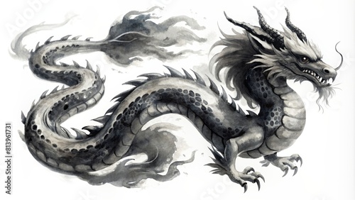 Watercolor dragon in Chinese traditional style with splash of paintings