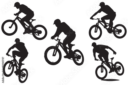 Black silhouettes of bmx rider jumping on a white background