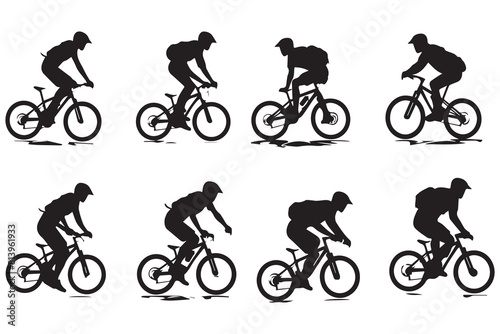 Black silhouettes of bmx rider jumping on a white background