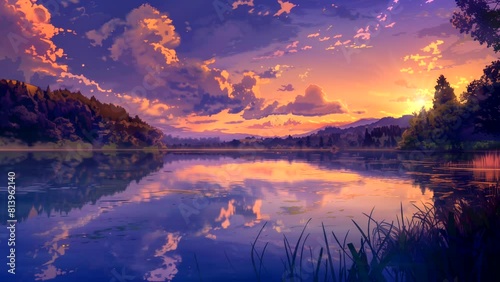 Panoramic sunset at the lake with a purplish sky. looping time-lapse video photo