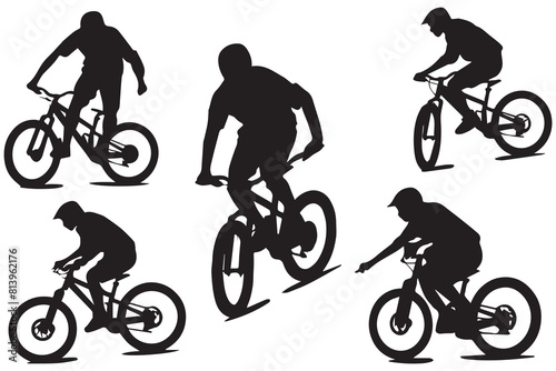 Black silhouettes of bmx rider jumping on a white background