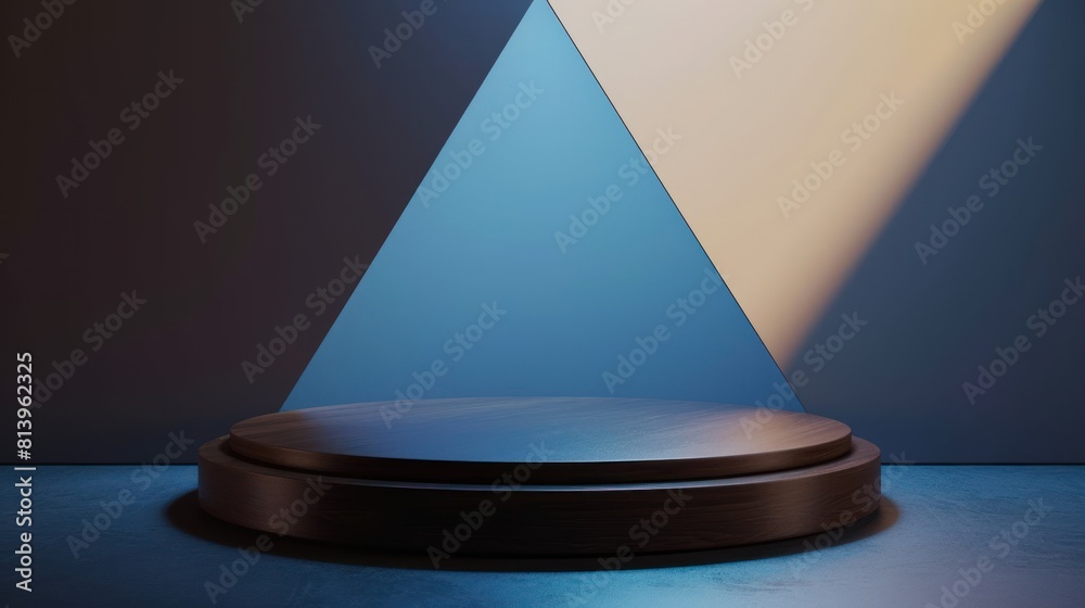 Minimalist mockup of dark brown cylinder podium stand for product showcase with blue triangle background Minimalist mockup of dark brown cylinder podium stand for product showcase with blue triangle background
