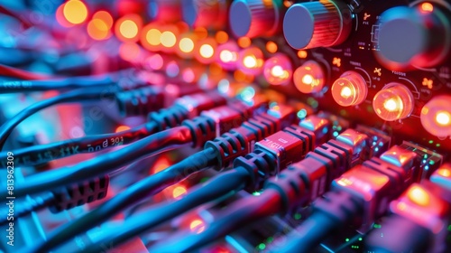 Vibrant image of a network switch and ethernet cables glowing in blue and red lights, indicating active data transmission.