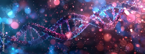 3D render of a DNA helix made from glowing particles in pink and blue colors against a dark background with a depth of field and bokeh effect.