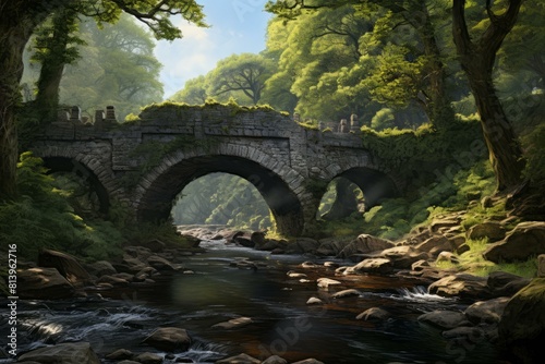 Hidden Stone bridge scene in forest. Rock deck in wild nature stream environment. Generate ai