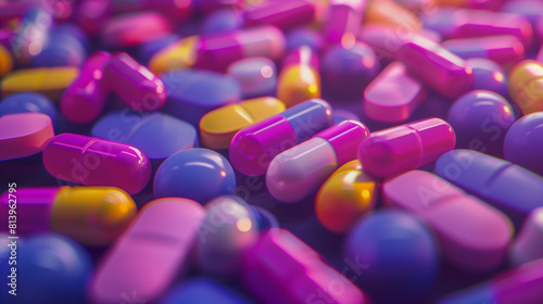 Colorful pills and abstractions in various sizes, shapes, colors and forms on the table.
