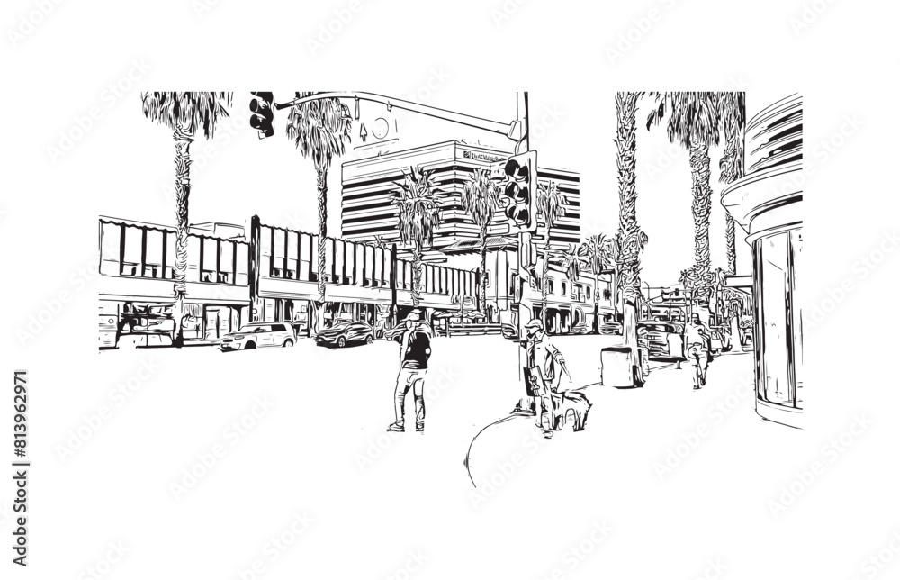 Fototapeta premium Print Building view with landmark of Santa Monica is the city in Los Angeles County. Hand drawn sketch illustration in vector.